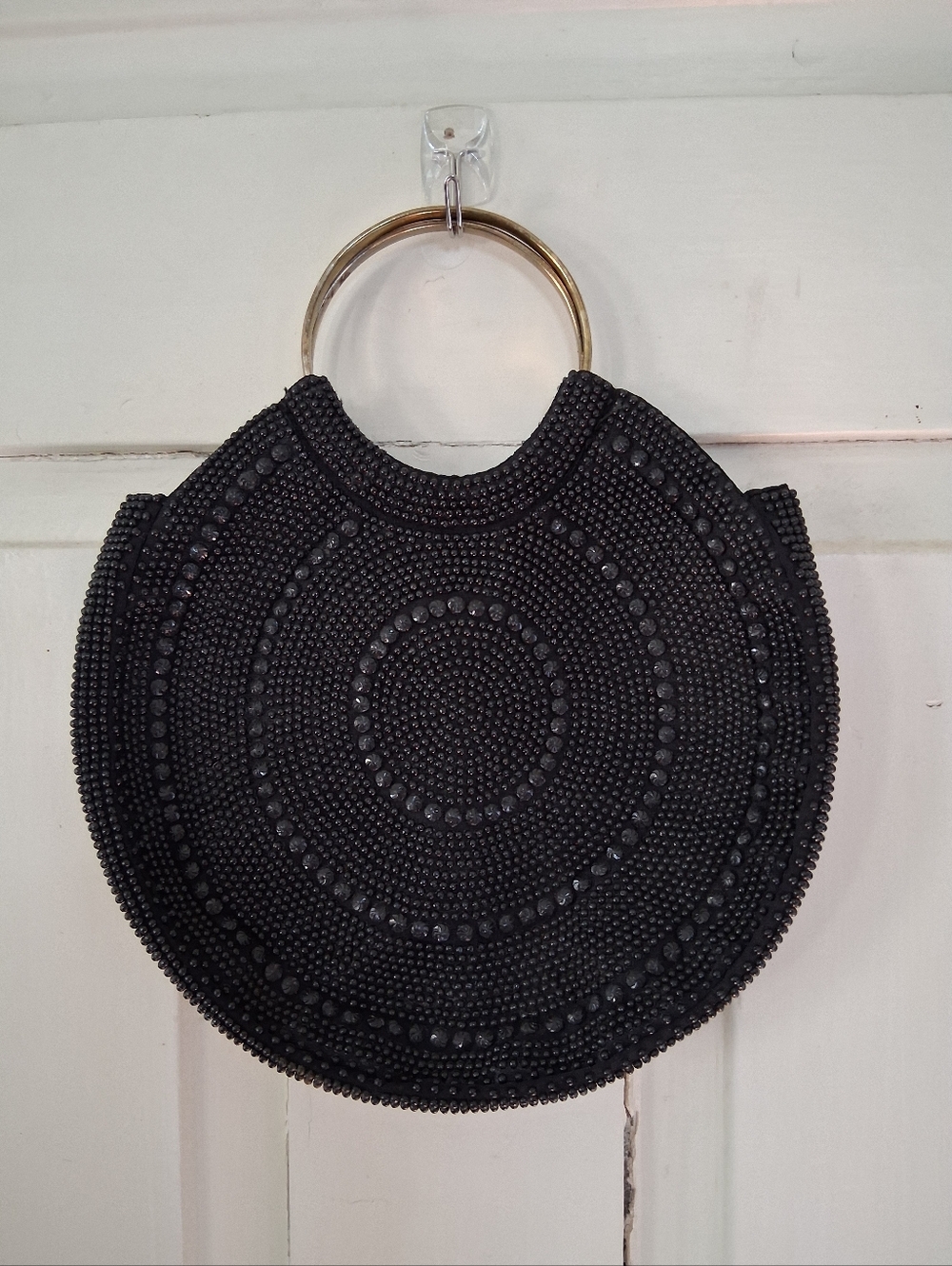 Blk Beaded Circle Evening Bag w/ Gold Tone Metal Ring Handles Vintage Hong Kong
